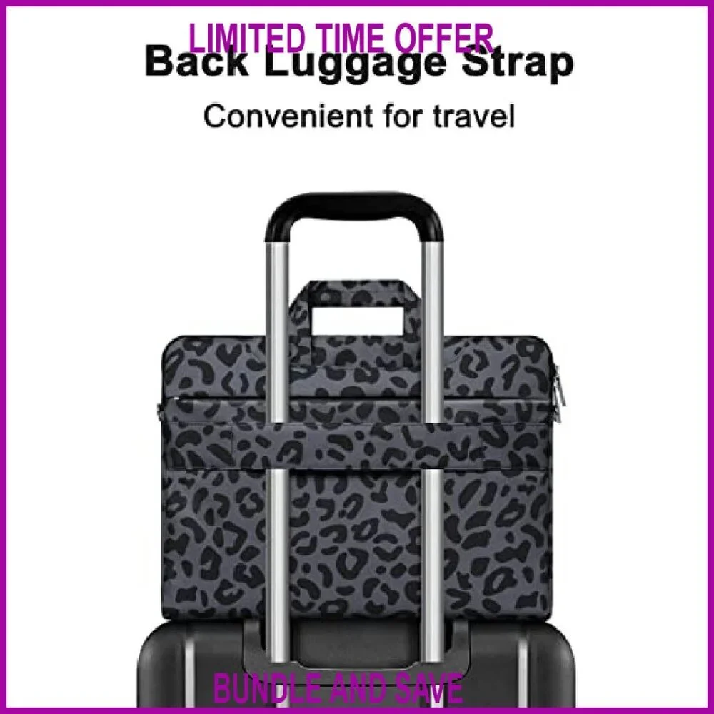 15.6 Inch Laptop Shoulder Bag Leopard Grain Briefcase Sleeve with Belt